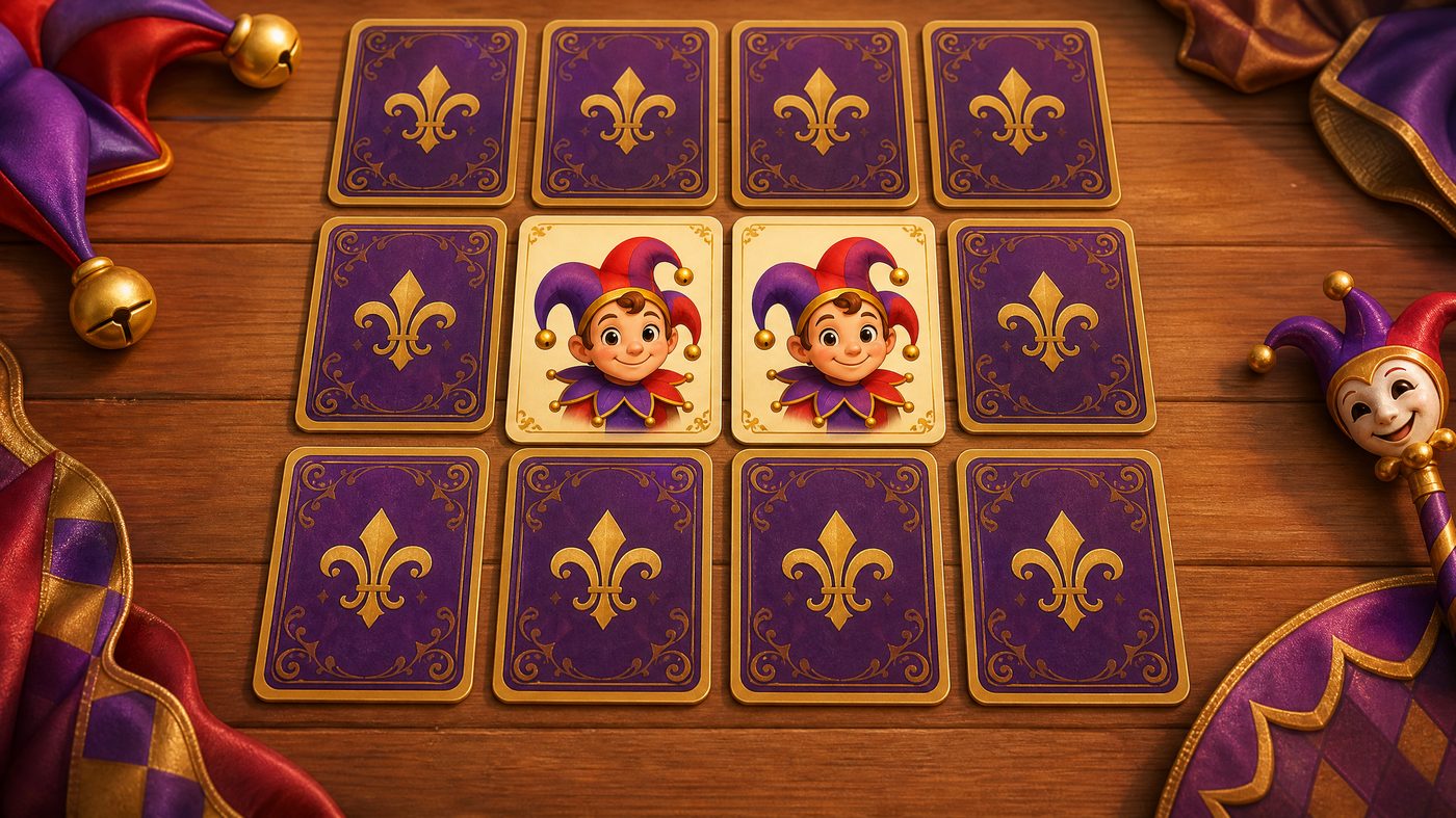 Memory card game with ornate purple card backs and matching jester faces