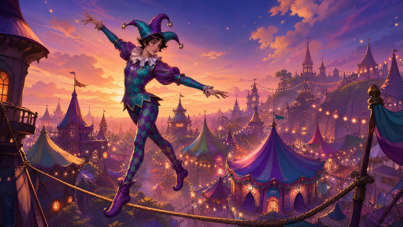 Harlequin balancing on a rope above a glowing carnival town at dusk