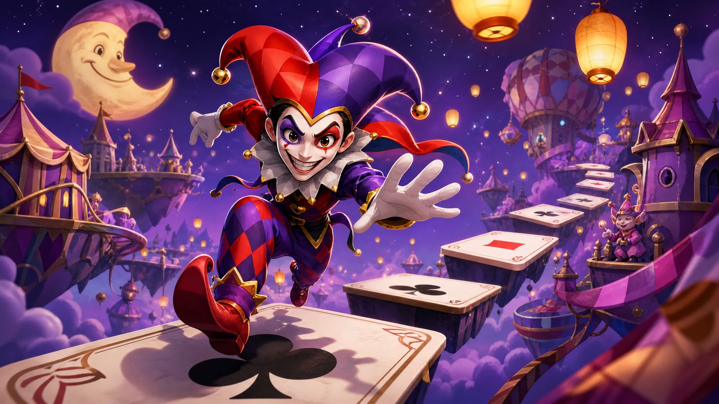 Jester leaping across floating playing-card platforms at night
