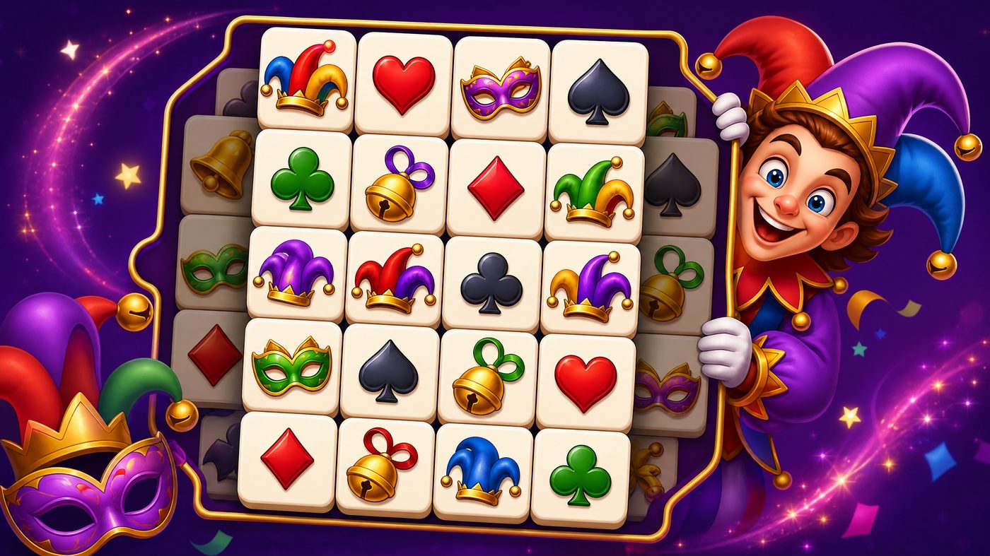 Tile matching board with jester hats and card suit symbols